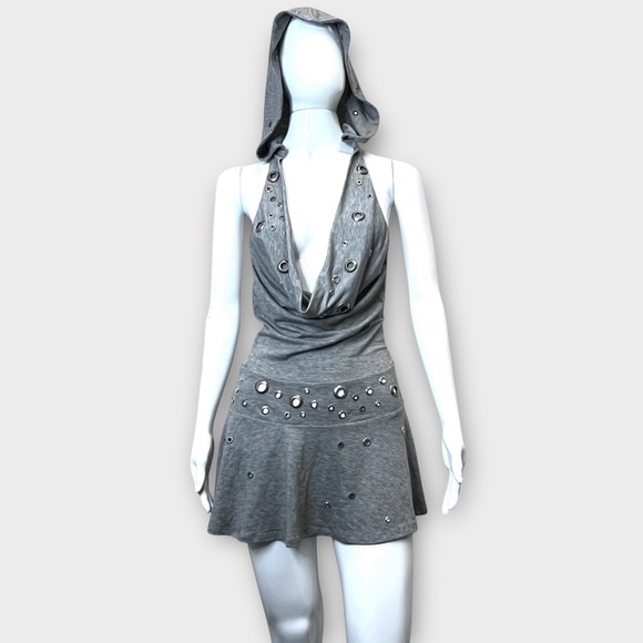 NWT Jaded London Gray Marl Grommet Hooded Cowl Neck Mini Dress Size 4 - Picture 1 of 9